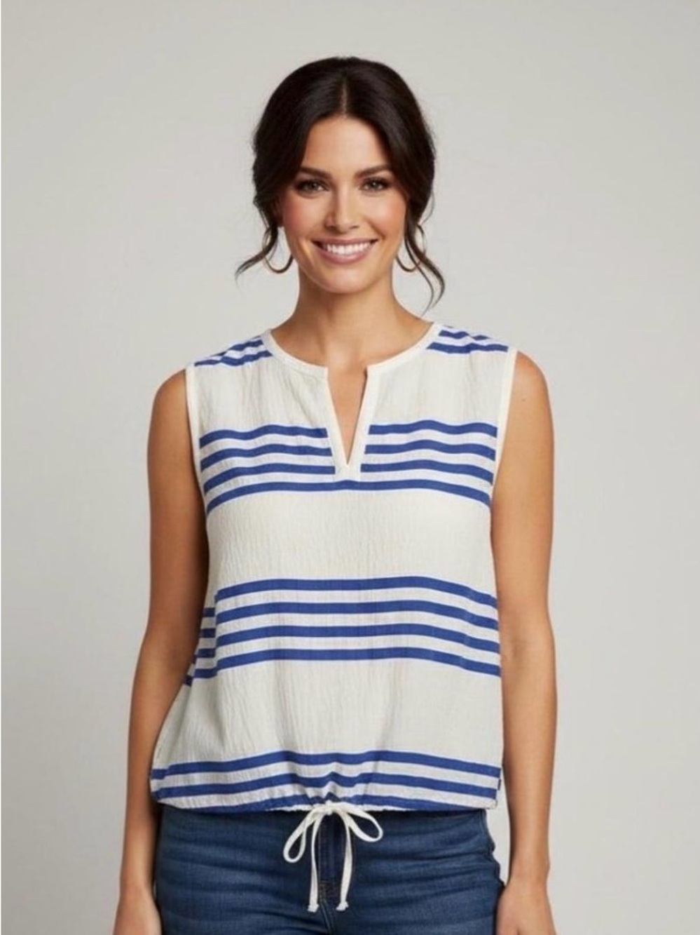 Nine West White Tank Top with Blue Stripes and Drawstring